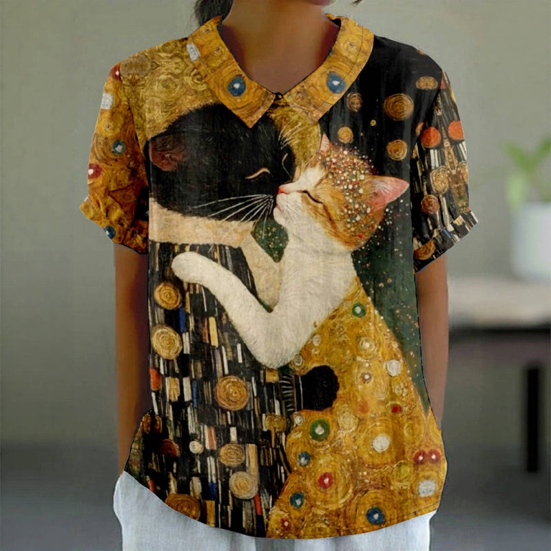 Vintage bluse med kattenprint
